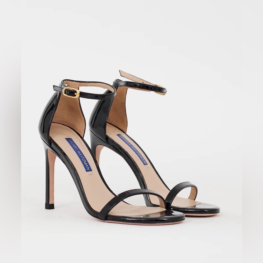 STUART WEITZMAN “Nudist” Black Patent Leather Ankle Strap Heels